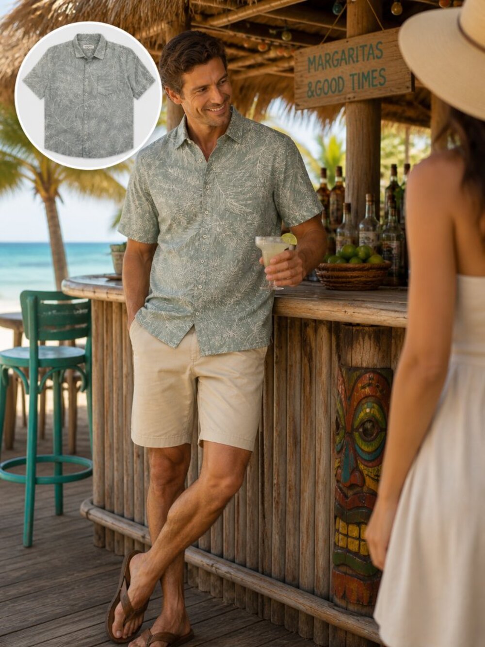 Tommy Bahama Hawaiian Shirt Button Up Short Sleeve Mens XL Sage
